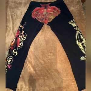 2 Christian Audigier Size L graphic wide leg drawstring waist, pants.
